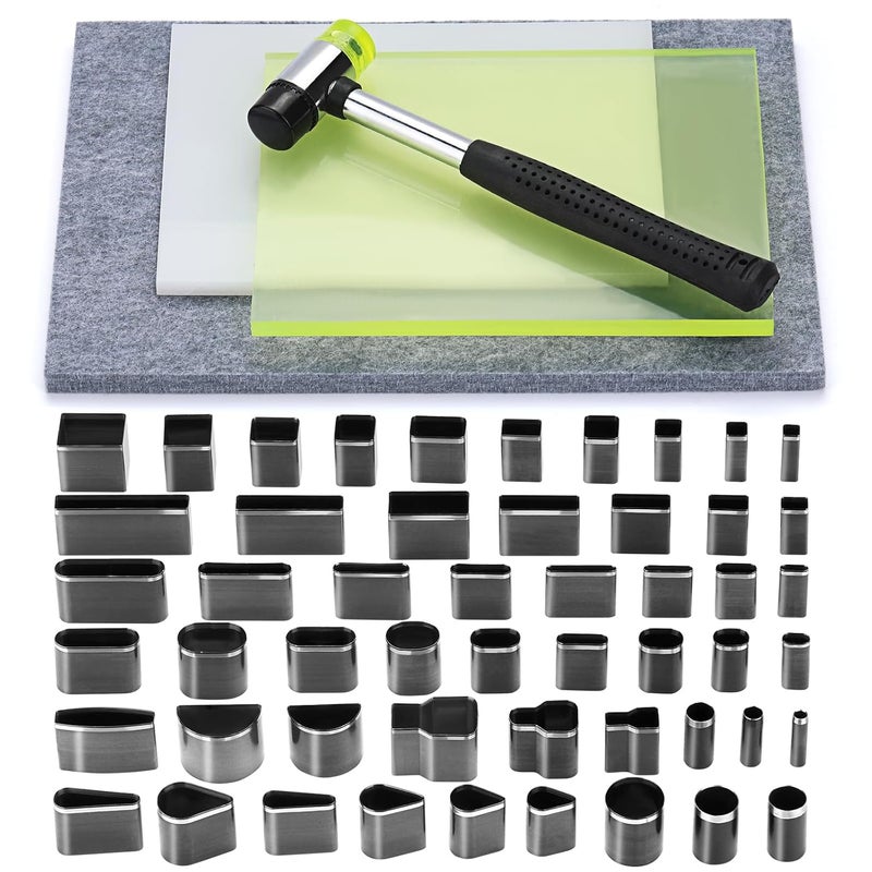 Yizzvb 52 Shape Style Leather Hole Punch Tool, Leather Punch Mat, 3 Pcs Craft Punching Pad with Nylon Hammer and Sound Absorbing Pad for DIY Crafts - Image 1